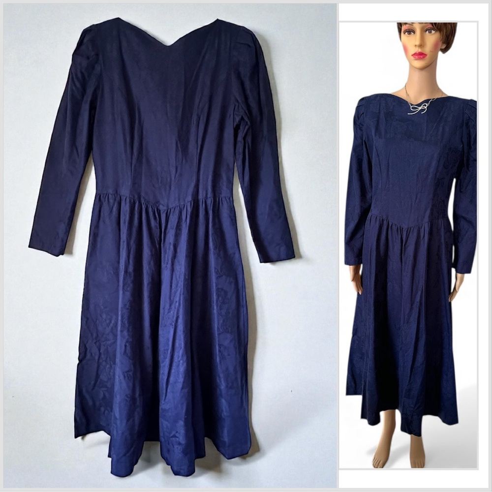 Lanz Originals Vintage Navy Floral Damask Dress with Puff Sleeves
